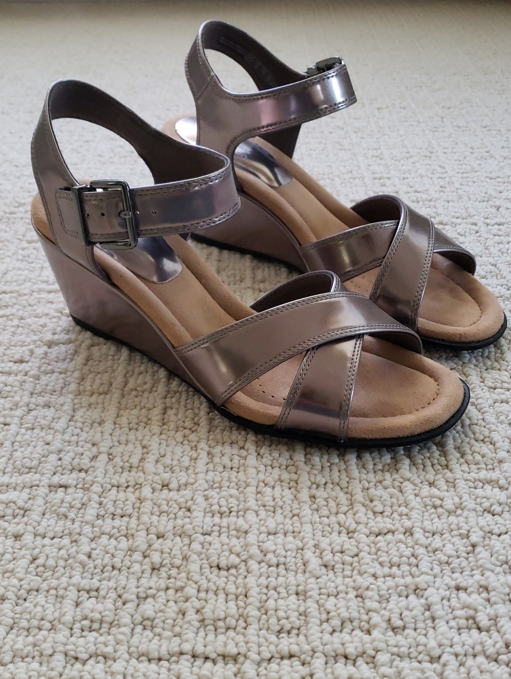 Clarks Wedge Sandals in Metallic Taupe